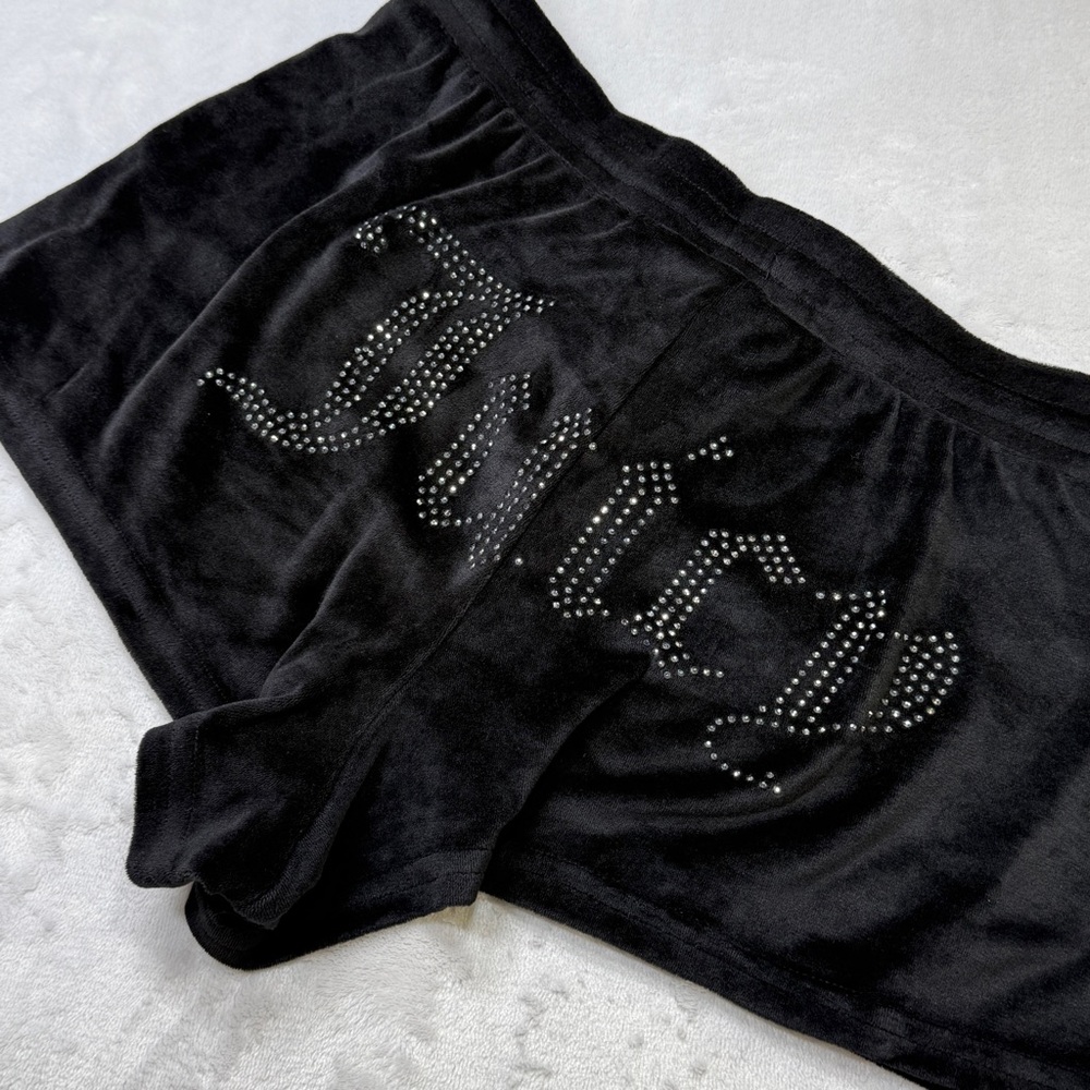 Juicy Couture Velour Shorts Womens Medium Black Rhinestone Logo Y2K